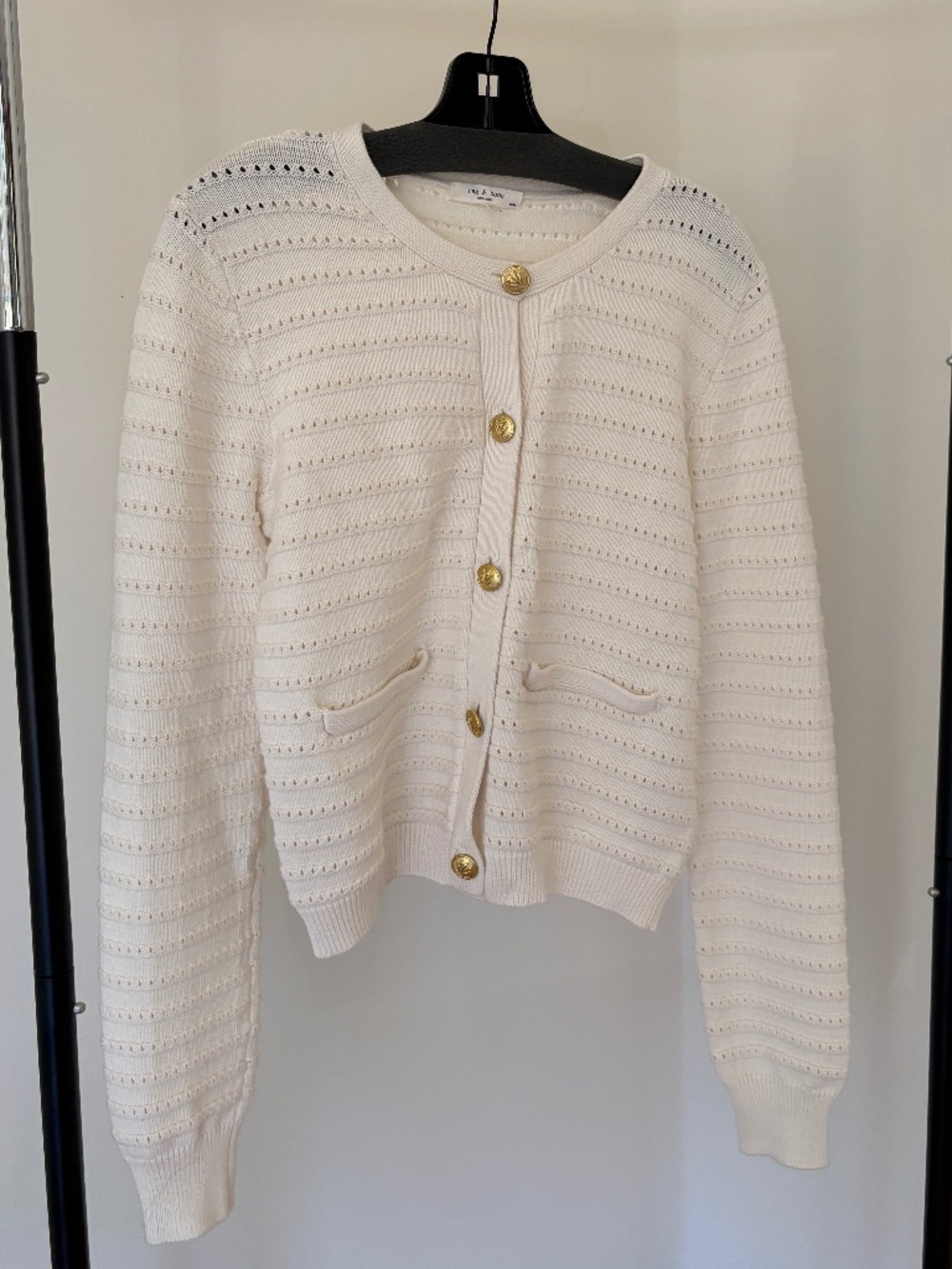 Rag & Bone Elisa Pointelle Knit Cardigan Ivory Gold Buttons Size M